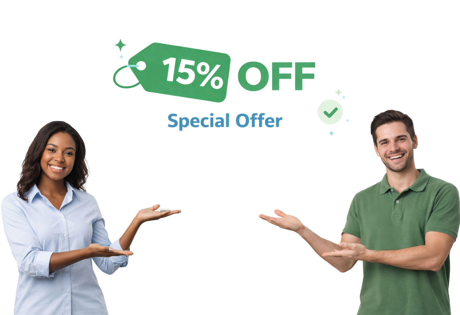 A man and woman hold up their hands, promoting a "15% off " offer