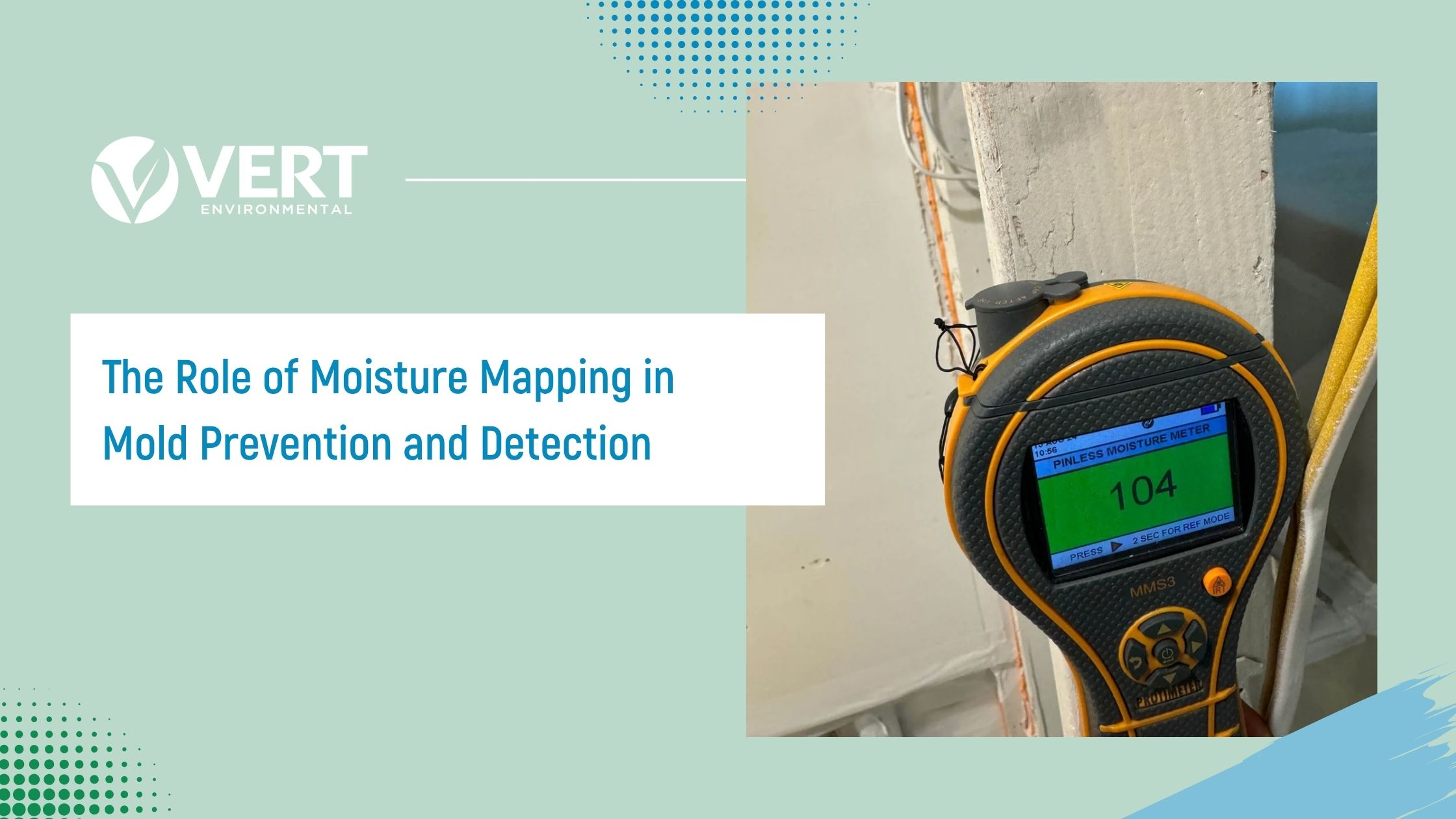 Moisture meter displaying a reading of 104 for moisture detection in drywall.
