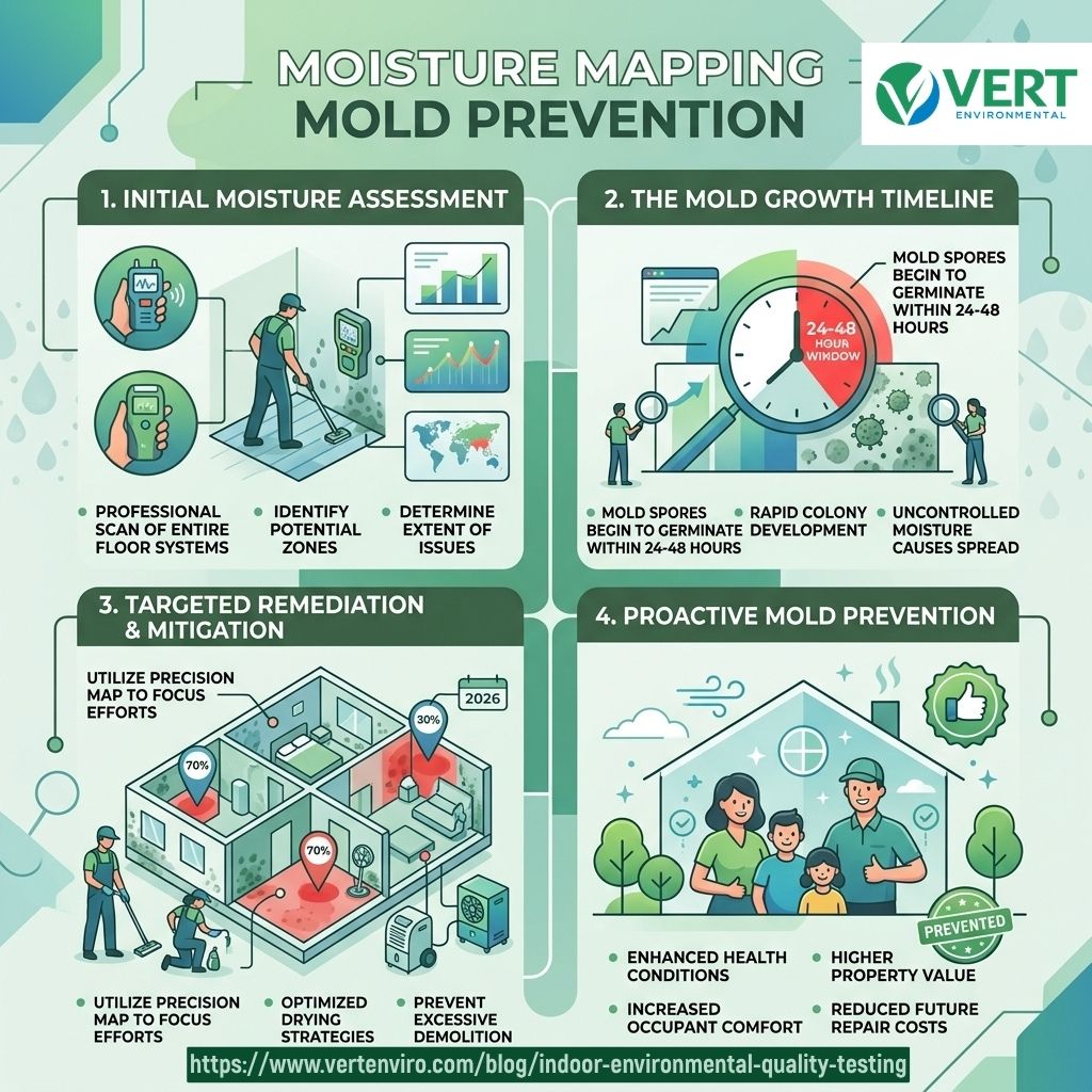Infographic showing the 24-48 hour mold growth window, moisture thresholds, and how moisture mapping stops mold before it