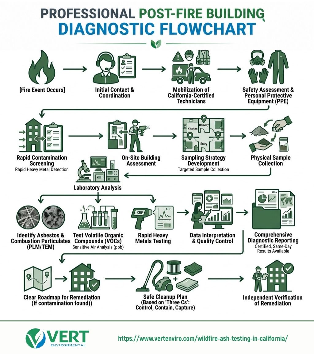 user-inserted Detailed professional post-fire building diagnostic flowchart for wildfire testing. The steps include rapid contamination screening, on-site building assessment, laboratory analysis, data interpretation, and developing a safe cleanup plan for effective remediation verification.